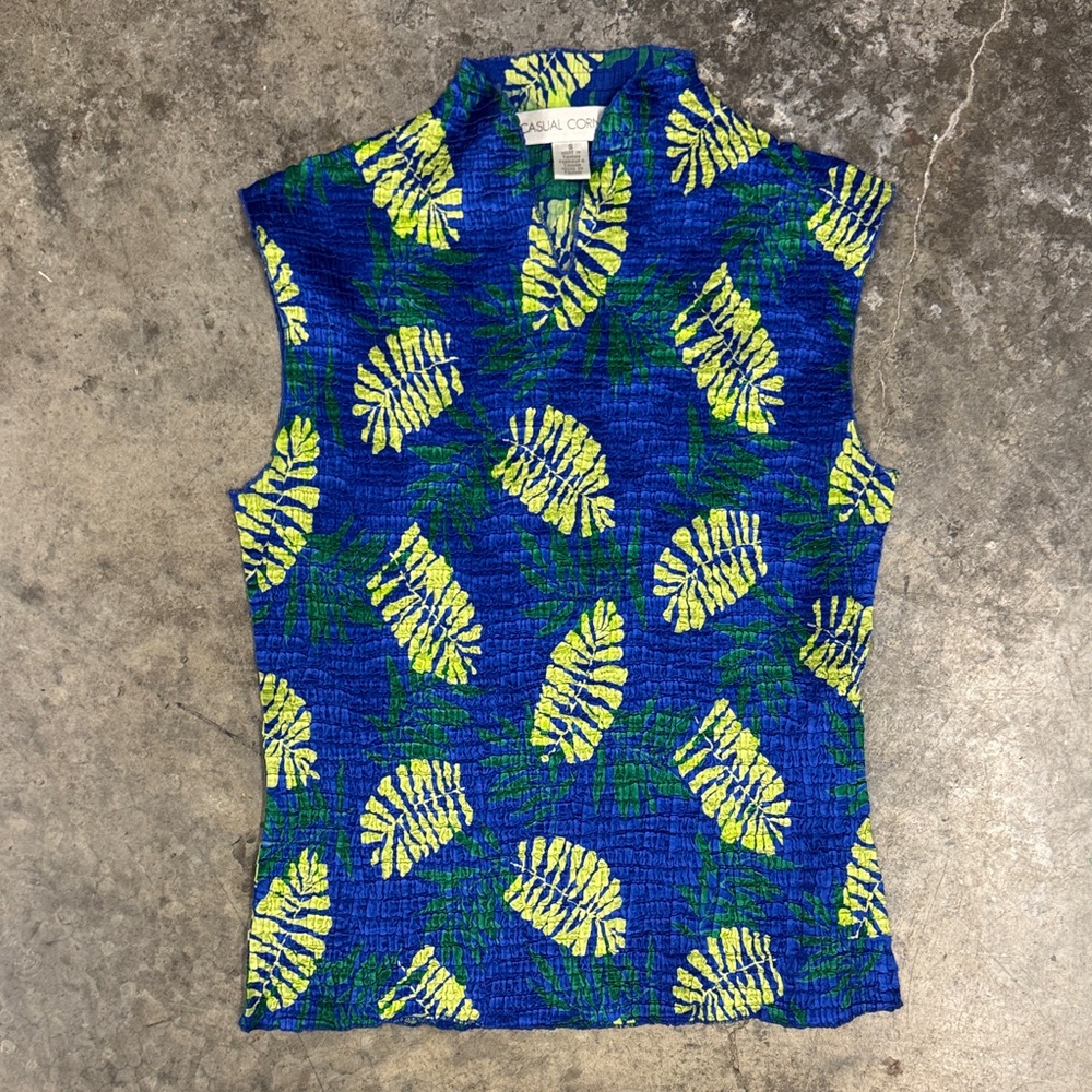 Casual Corner Blue and Yellow Leaf Print Blouse